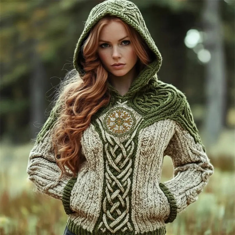 Viking Vegvisir Embroidered Celtic Contrast Cozy Hooded Sweater