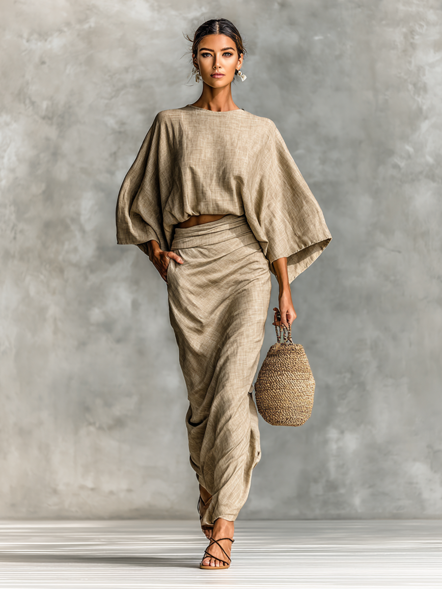 Women's Cotton And Linen Blend Bat Sleeve Long Skirt Two-piece Set