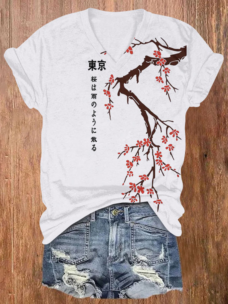Tokyo Japanese Cherry Blossoms Print V-Neck T-Shirt