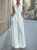 Elegant Sleeveless Blazer Jumpsuit - Professional Wide-Leg One-Piece with Waist Tie