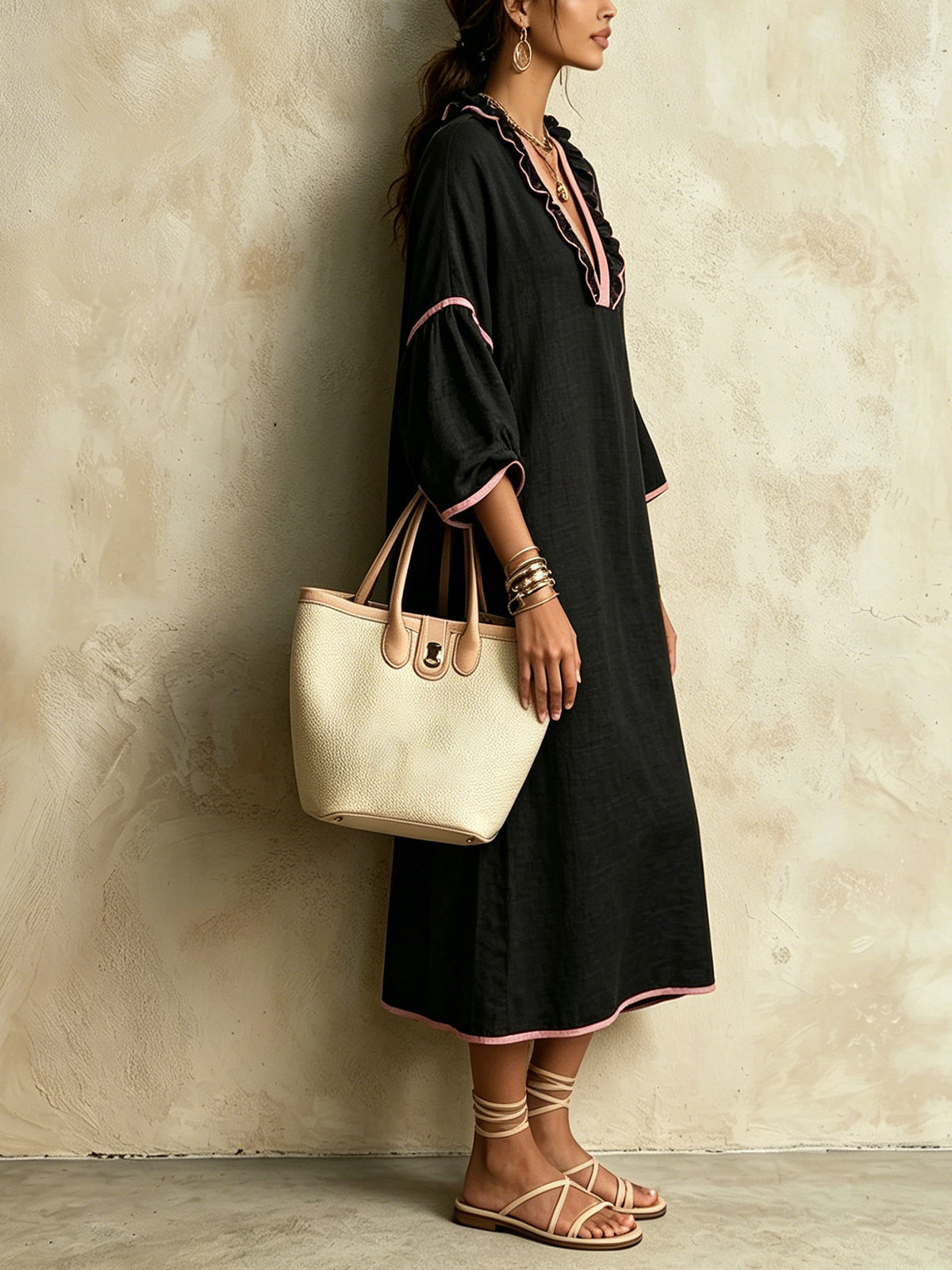 Black Ruffle Trim V-Neck Midi Dress With Pink Piping