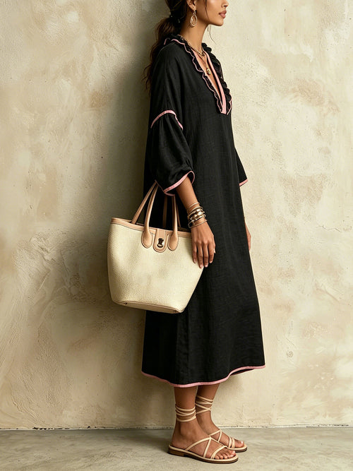Black Ruffle Trim V-Neck Midi Dress With Pink Piping