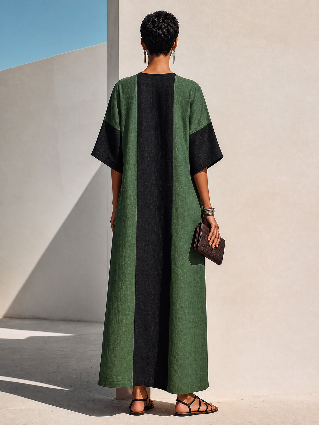 Women's Green & Black Color Block Cotton Linen V-Neck Maxi Dress MDZ1751G8ZRK