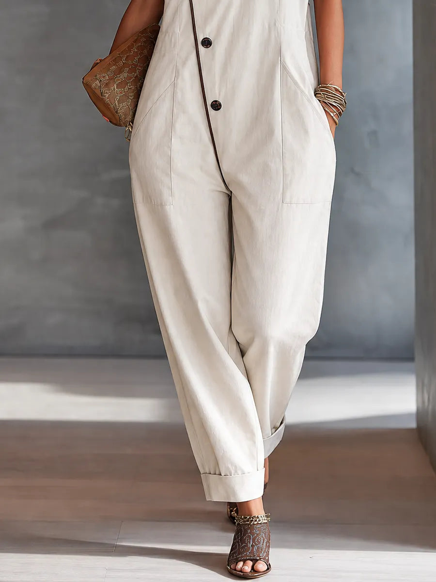 Women's Minimal Workwear Off White Cotton Blend Asymmetric Stand Collar Contrast Binding Full Length Jumpsuit MDZ1582G3GMJ
