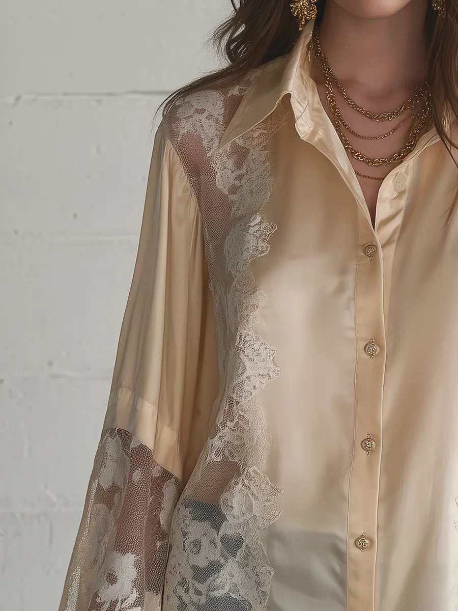 Delicate Champagne Lace Panel Shirt