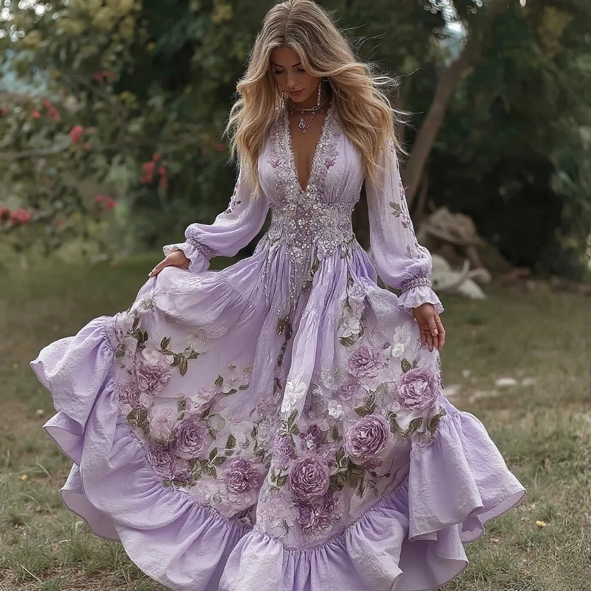 Women's Vintage Roses Embroidery Art V-neck Long Sleeves Maxi Dress