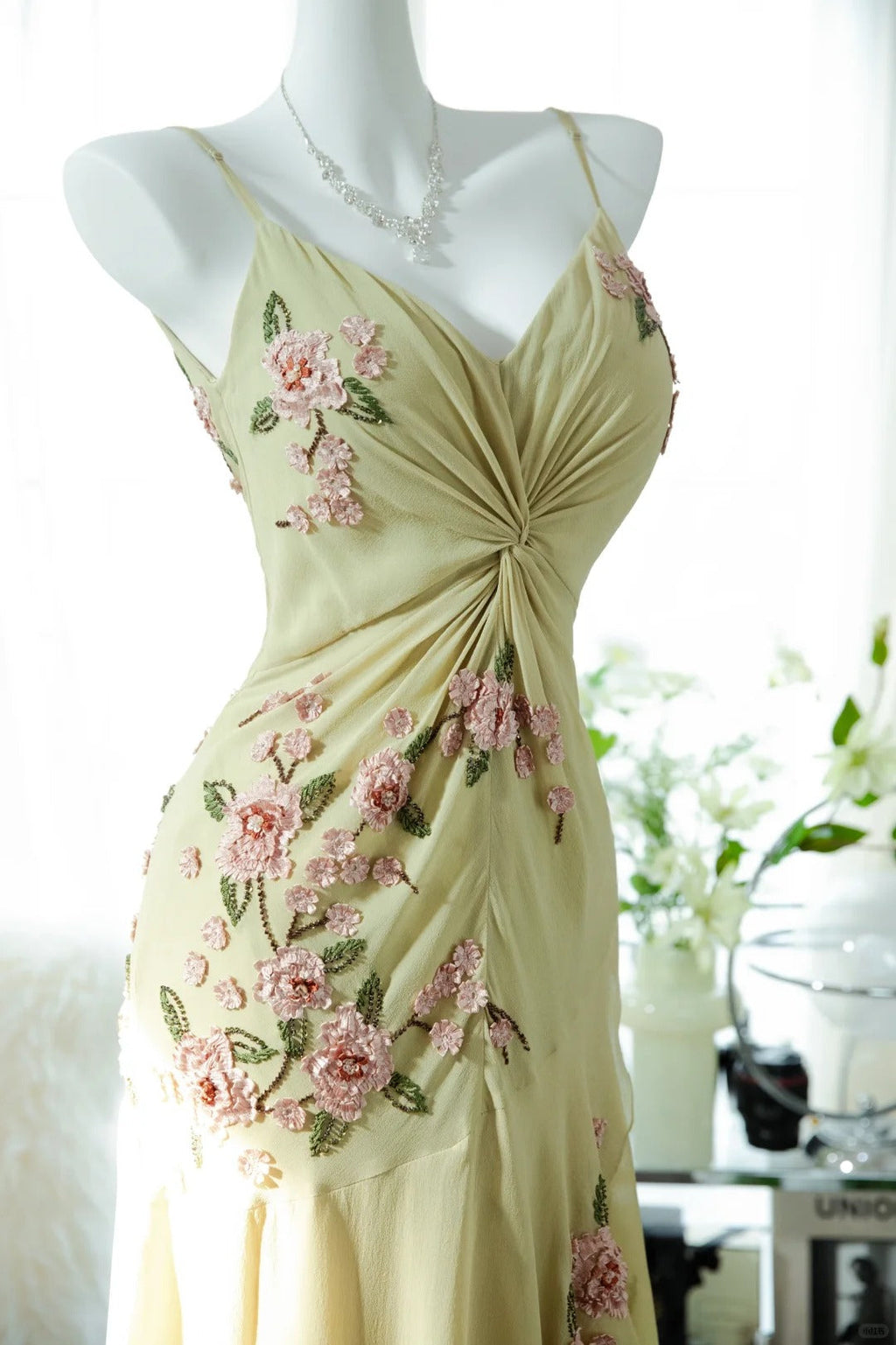 Yellow Elegant Romantic Delicate Pink Floral Beading Spaetti Straps Midi/Short Chiffon Homecoming Ball Gown Evening Dress Birthday/Wedding Guest/Holiday Party Dress Prom Dress 4023