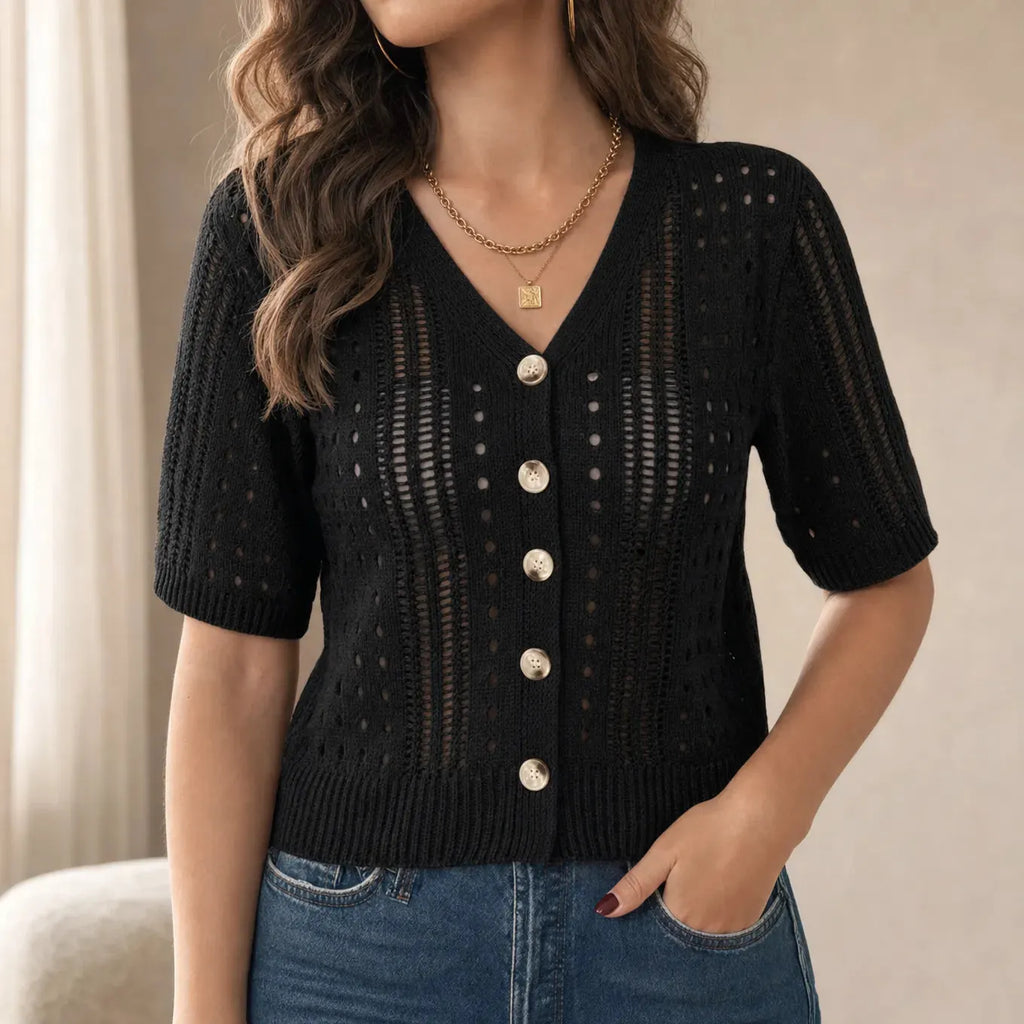 Lianora – Short Sleeve Open Knit Button Cardigan for Women
