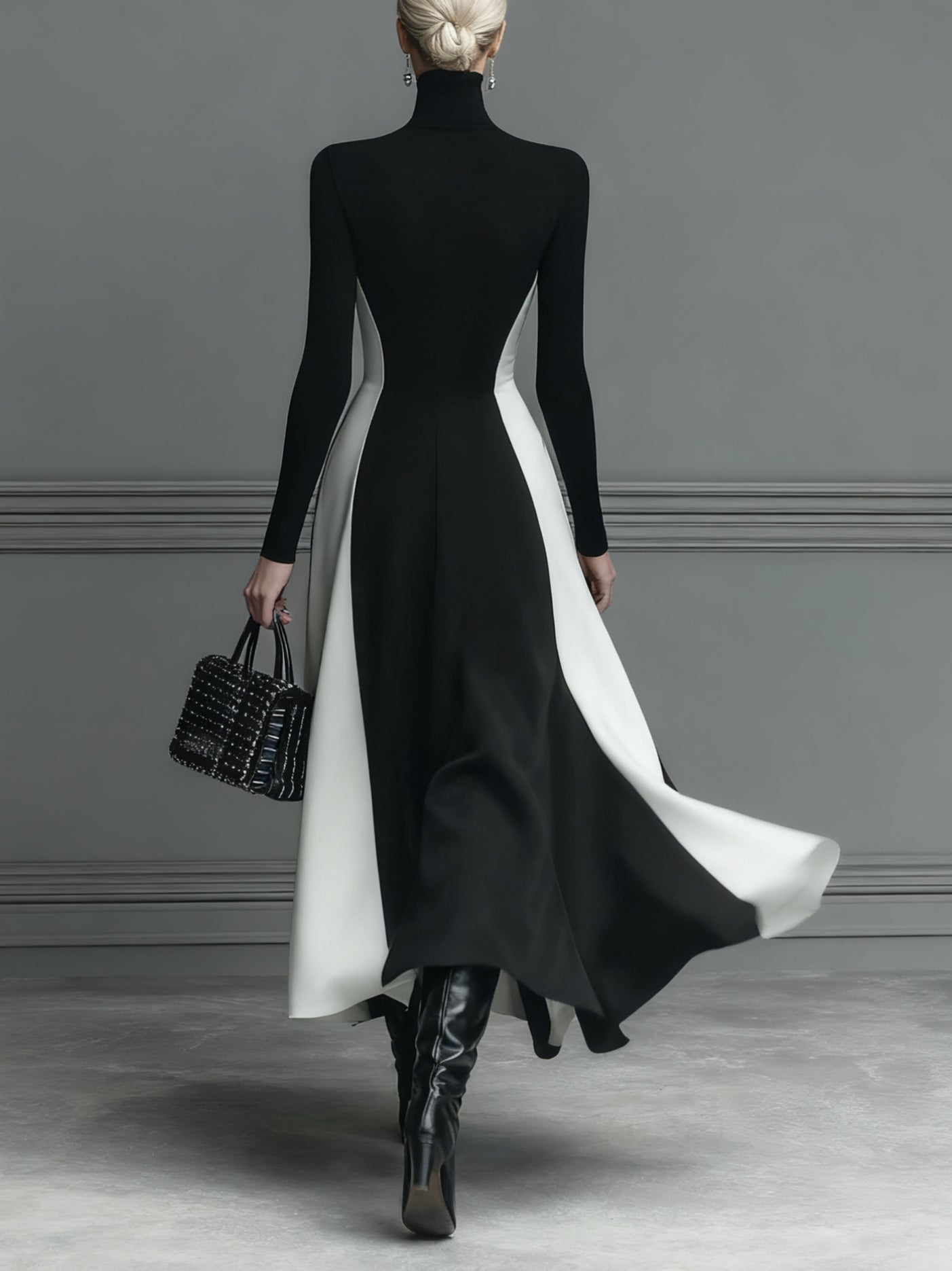 Black And White Stitching Knitted Maxi Dress