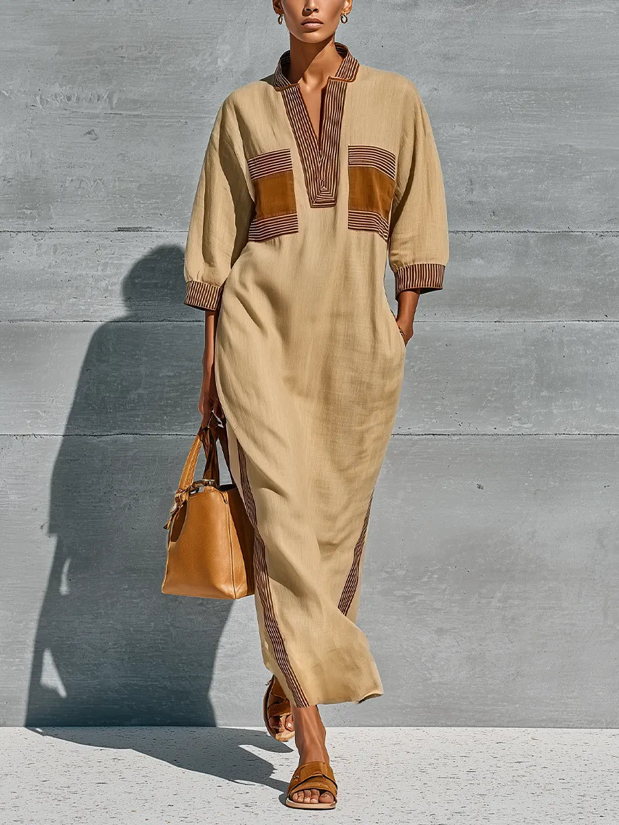 Women’s Beige Linen Blend Contrast Striped Trim Stand Collar Half Placket Batwing Cuffed Sleeve Patch Pocket Side Slit Kaftan Maxi Dress MDZ0639G8YZJ