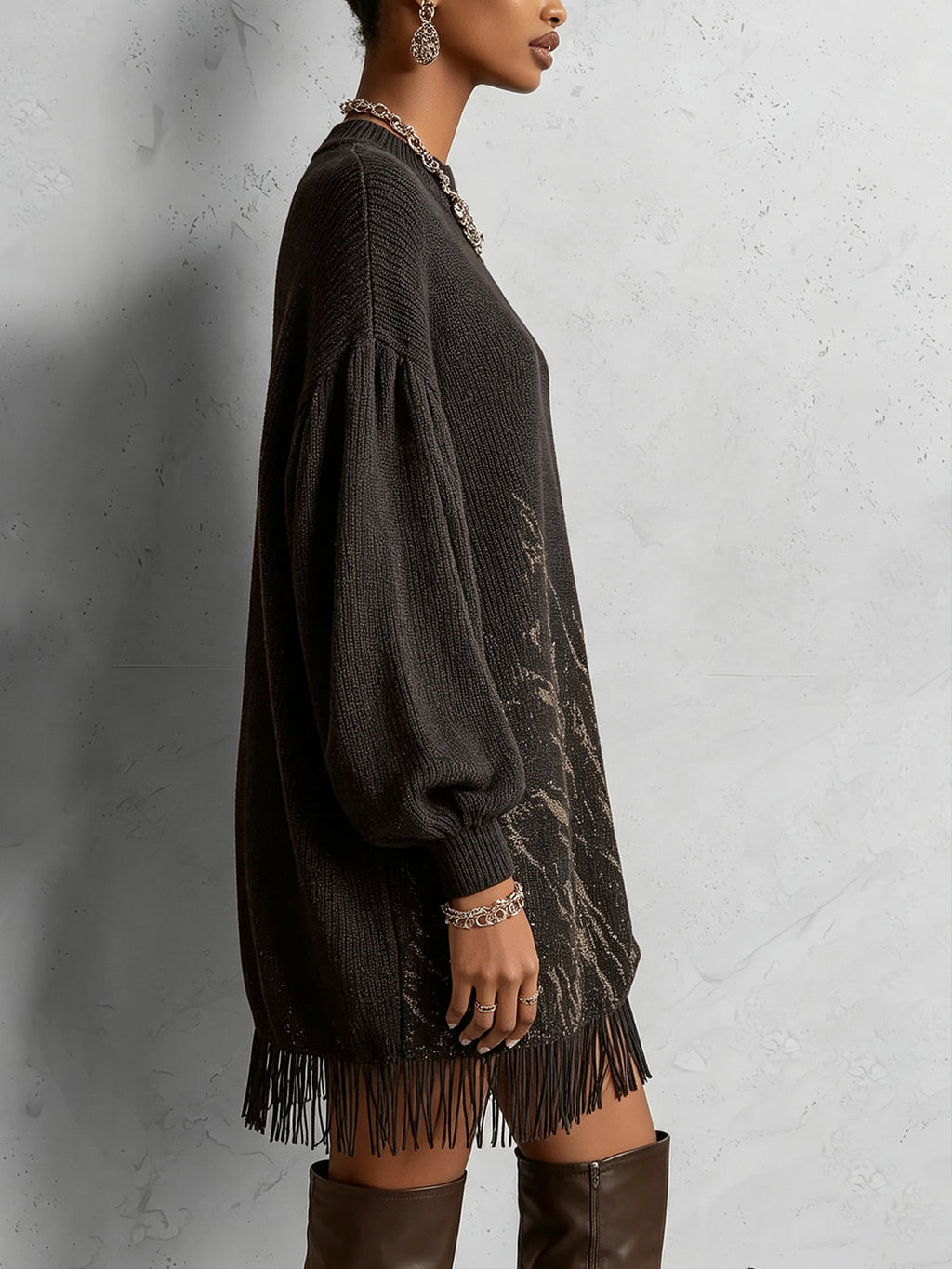 Black Gold Marbled Fringe Hem Oversized Crew Neck Knit Mini Sweater Dress