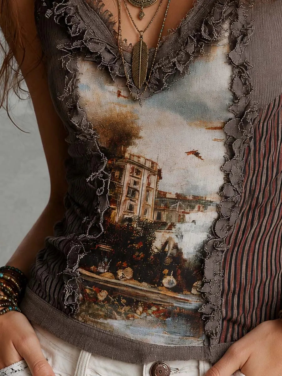 Vintage Oil Painting Print Knit Tank With Ruffled Lace Trim