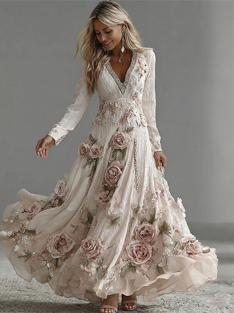 Women's Vintage Boho Pink Rose Floral Lace Sequins Art Flowy Maxi Dress