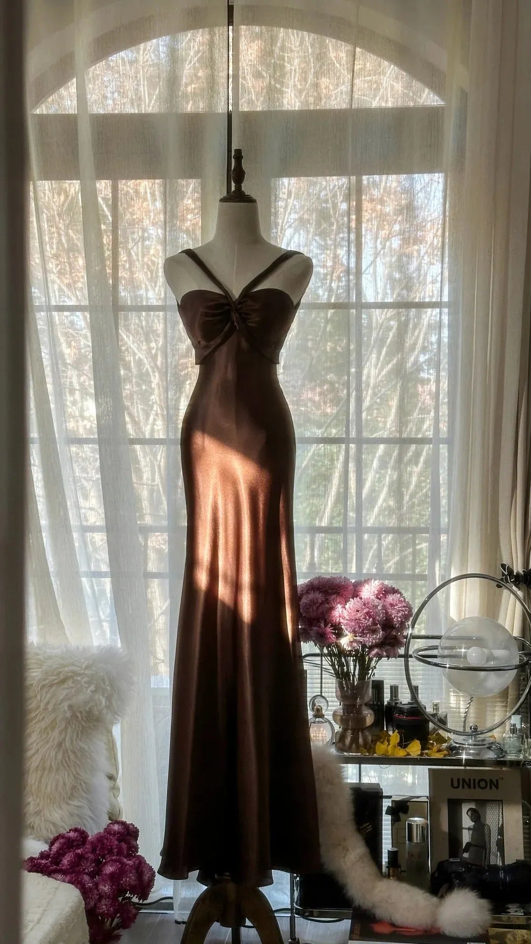 Brown Vintage Chocolate Strapless V-Neck Long Mermaid Slim Satin Ball Gown Evening Dress Birthday Party Dress Prom Dress Wedding Dress 4097