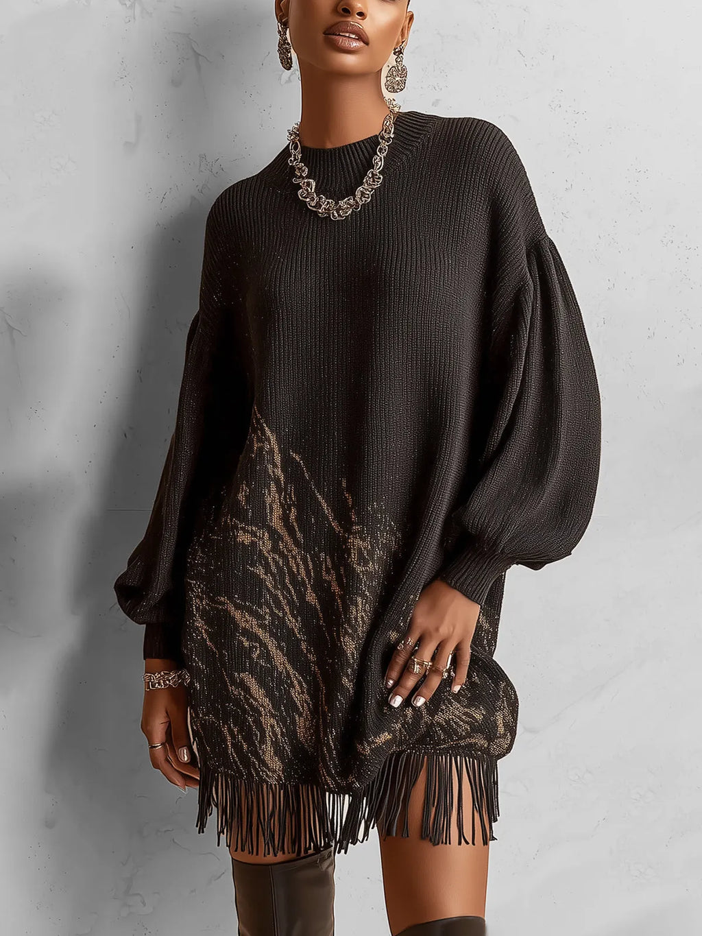 Black Gold Marbled Fringe Hem Oversized Crew Neck Knit Mini Sweater Dress