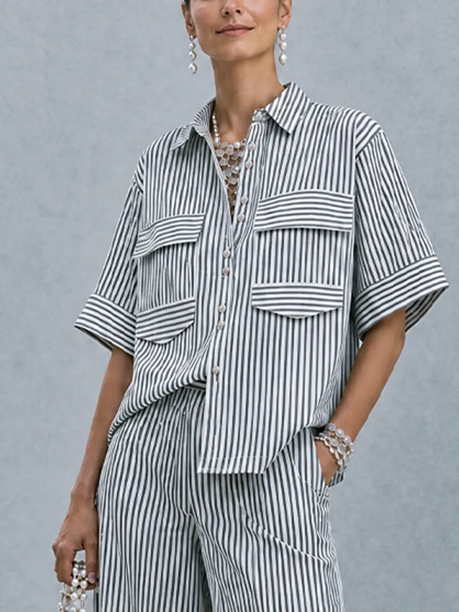 Women's Commuter Casual Black And White Vertical Stripe Cotton Blend Lapel Patch Pocket Wide Leg Trousers Two Piece Set MDZ0902G5GMJ