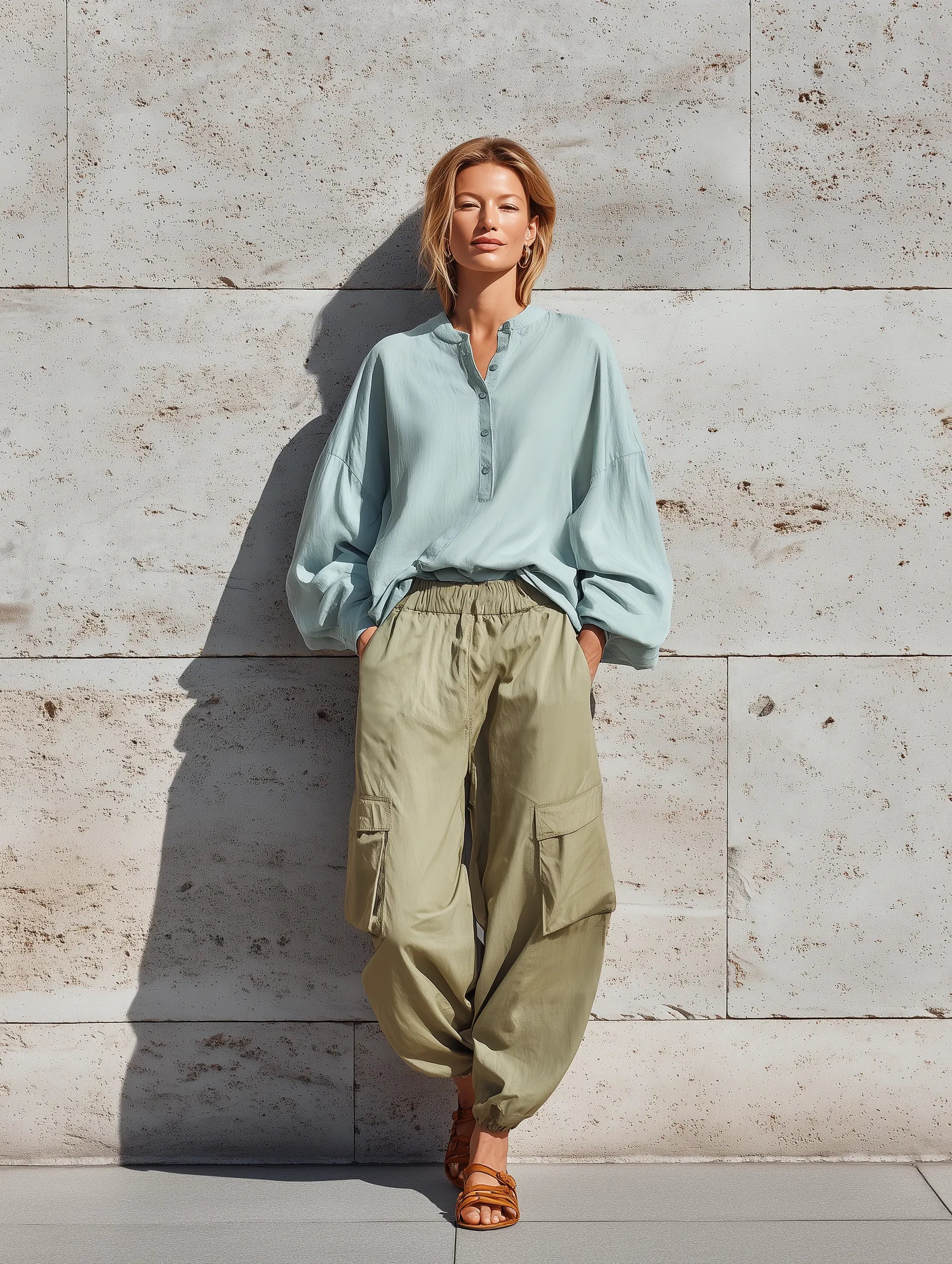 Women's Light Blue Mandarin Collar Half Button Balloon Sleeve Loose Top Sage Green Elastic Waist Multi Pocket Jogger Cargo Pant Two Piece Set MDZ2015G1YZJ