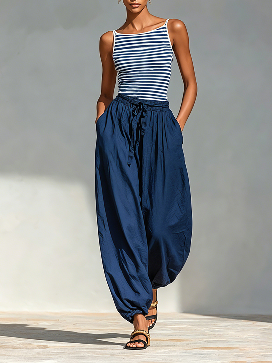 Women's Navy & White Striped Cotton-Blend Two-Piece Set With Square Neck Sling Top & Drawstring Harem Jogger Pants, Minimalist Casual Vacation Outfit MDZ0518F8LYL