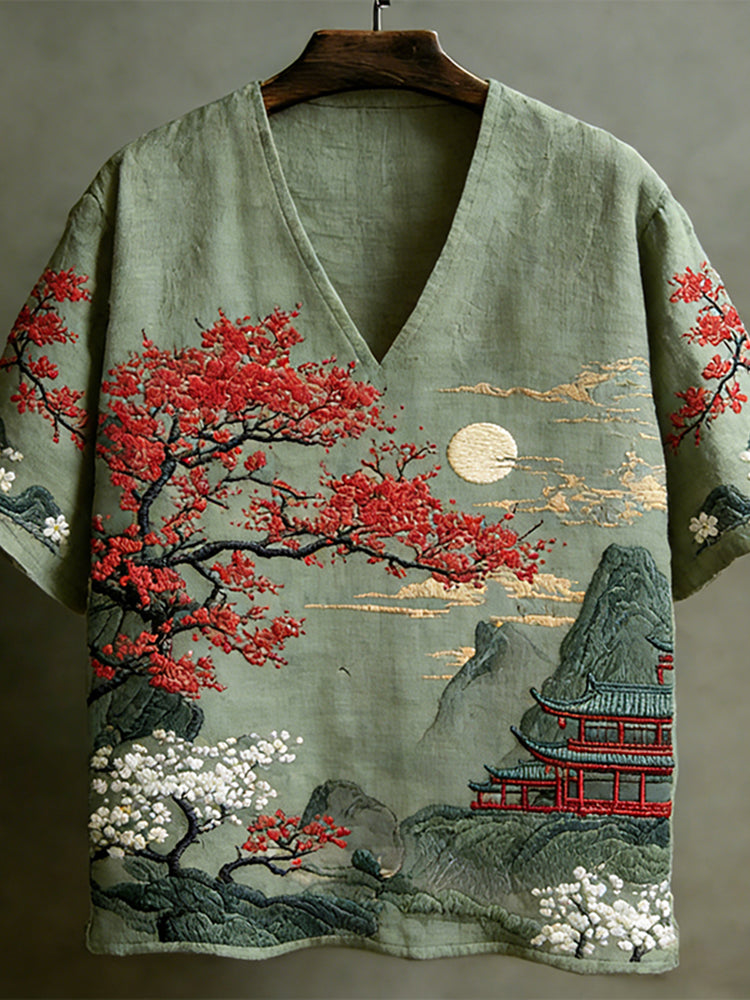 Men's Japanese-style Landscape Pattern Short-sleeved V-neck Shirt