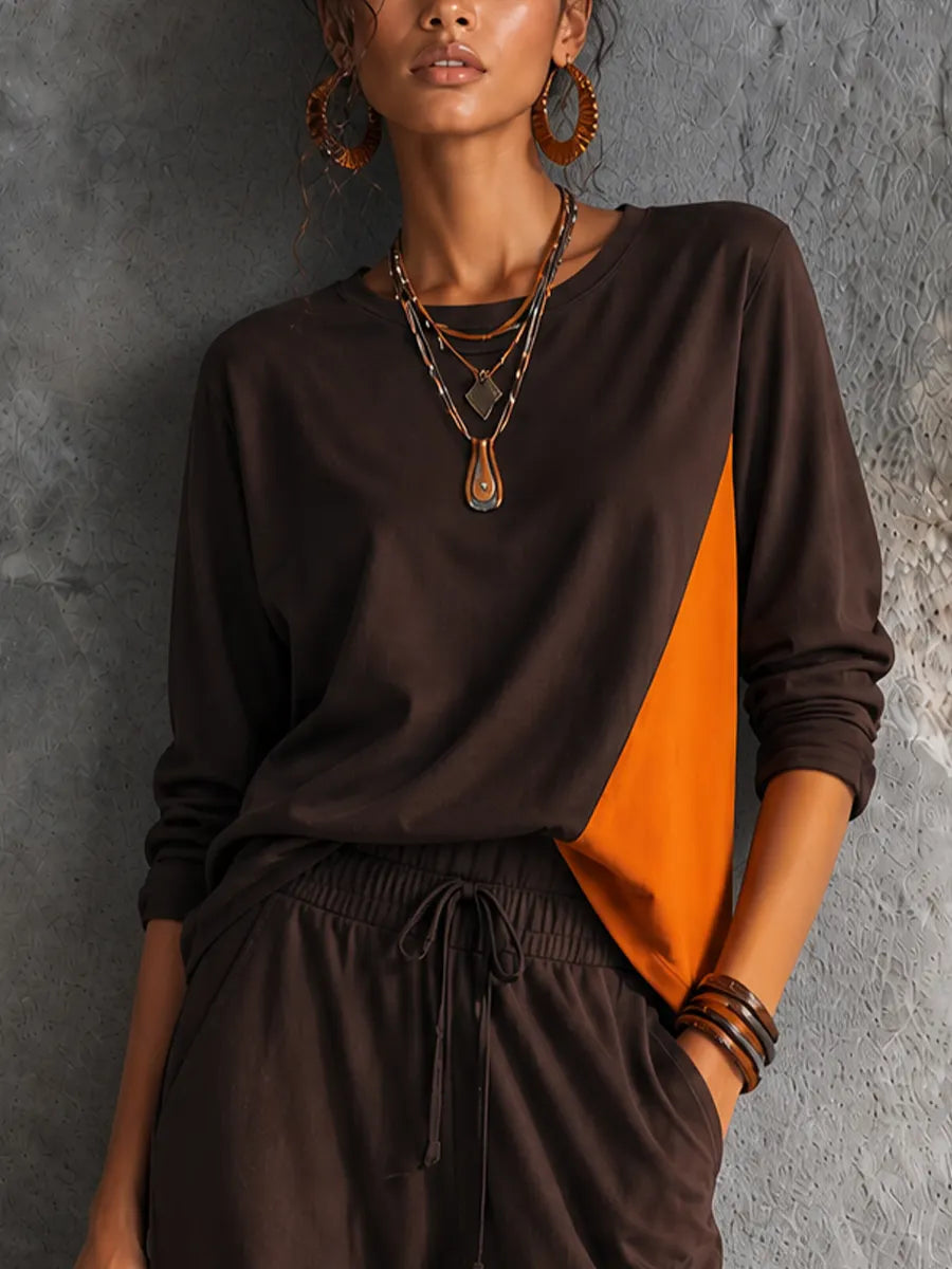 Women's Casual Dark Brown Spliced Orange Cotton Blend Contrast Slice Drawstring Wide Leg Pants Two Piece Set MDZ1329G3GMJ