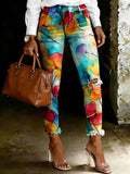 Women's Colorful Gradient Floral Print Ripped Skinny Jeans
