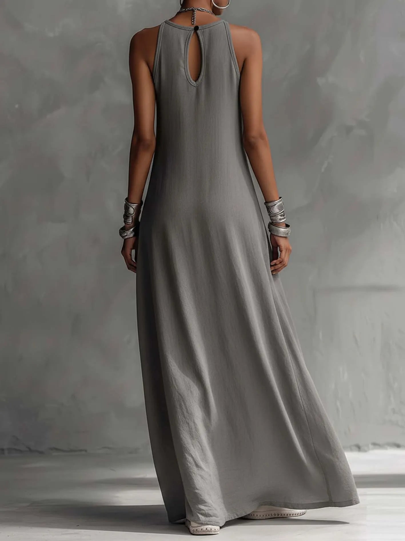 Color-blocked Gray Sleeveless Polyester Cotton Linen Maxi Dress
