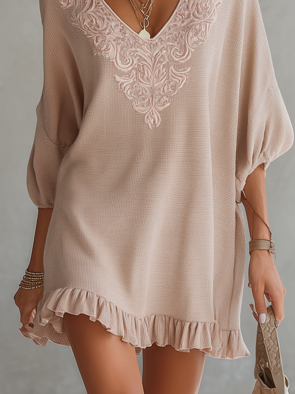 Vintage Embroidered Blush Pink Knit Mini Dress With Ruffle Hem