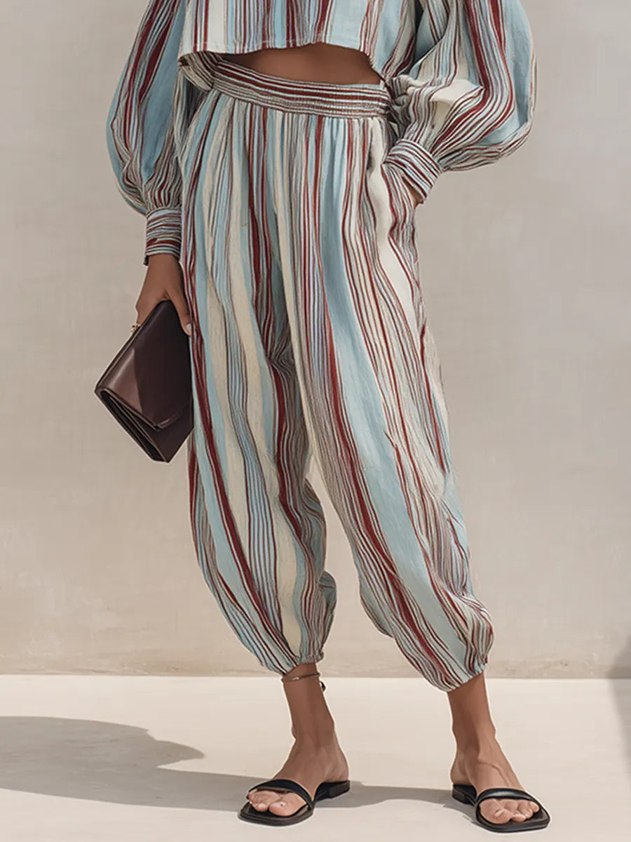 Women's Multicolor Vertical-Stripe Linen Blend Half-Zip Crop Top & Jogger Pants Set MDZ1694G9ZRK