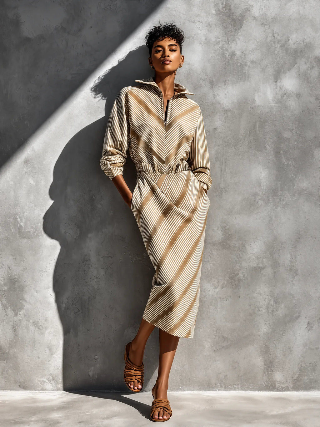 Women's Khaki Cotton-linen Stripe Collared Half Zip Waist Pocket Midi Shirt Dress MDZ0820G9YZJ