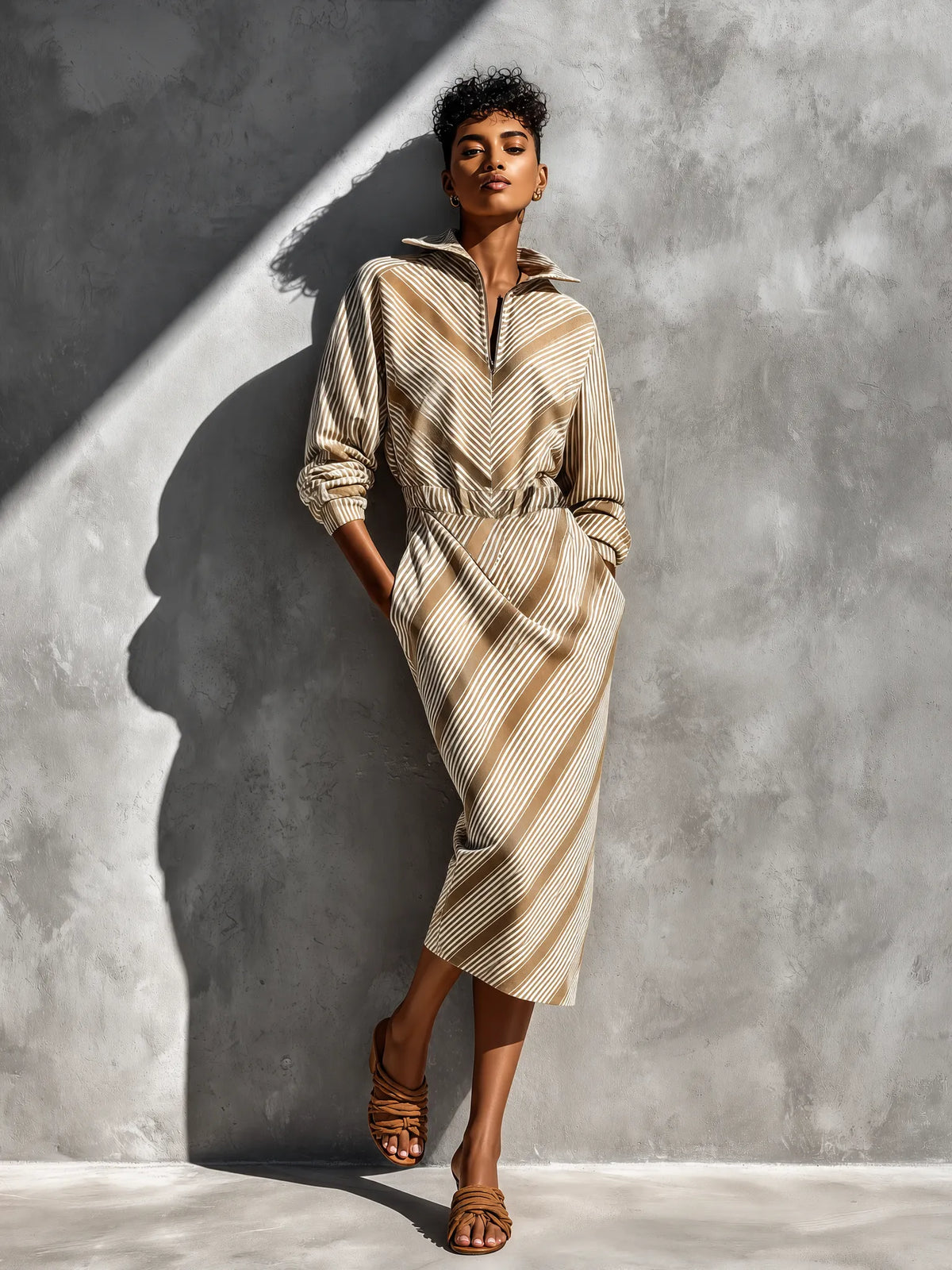 Women's Khaki Cotton-linen Stripe Collared Half Zip Waist Pocket Midi Shirt Dress MDZ0820G9YZJ
