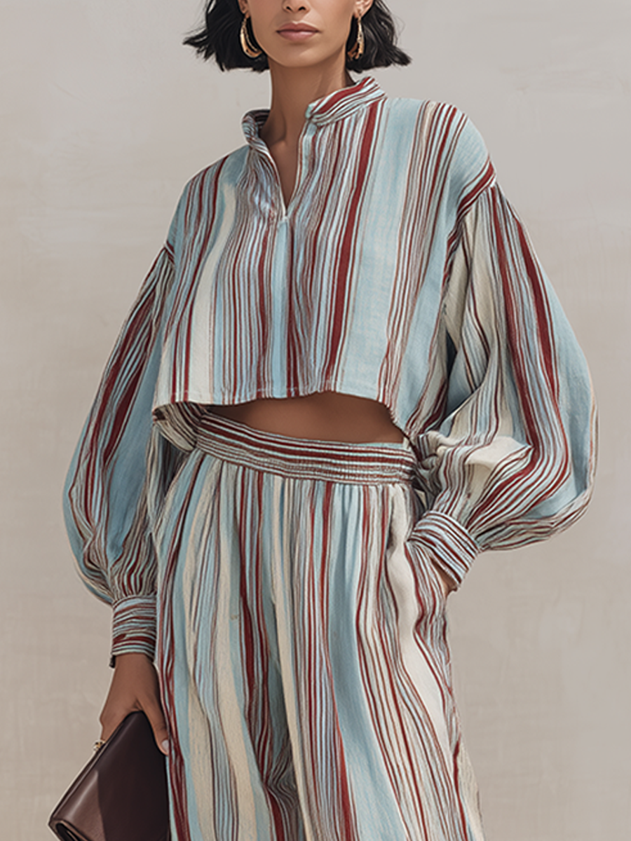 Women's Multicolor Vertical-Stripe Linen Blend Half-Zip Crop Top & Jogger Pants Set MDZ1694G9ZRK