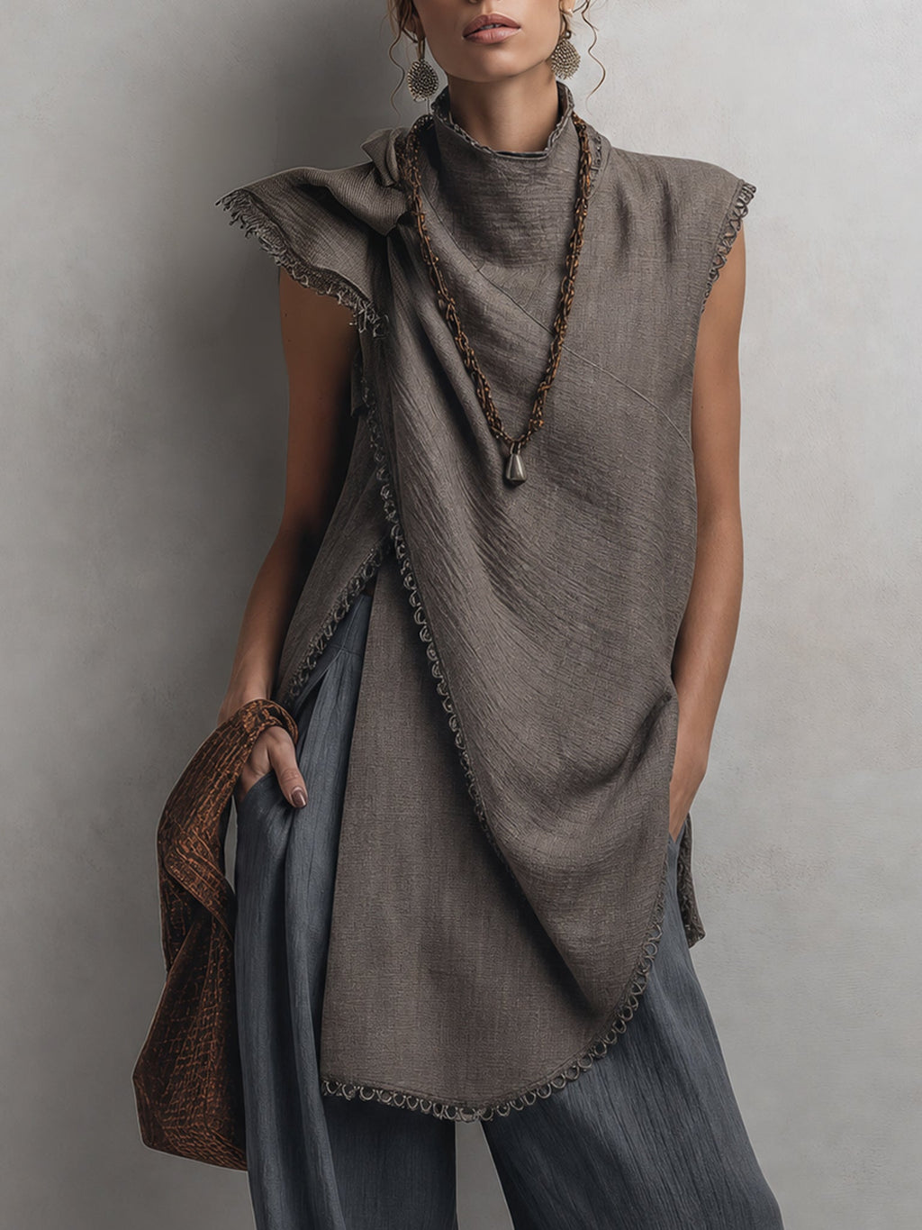 Gray Linen Blend Sculptural Top And Wide Leg Pants Set