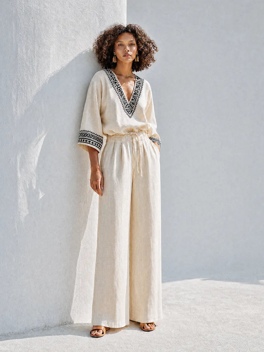 Women's Bohemian Resort-Style Beige Geometric-Embroidered V-Neck Bishop-Sleeve Drawstring Wide-Leg Linen Set MDZ1370G6CMX