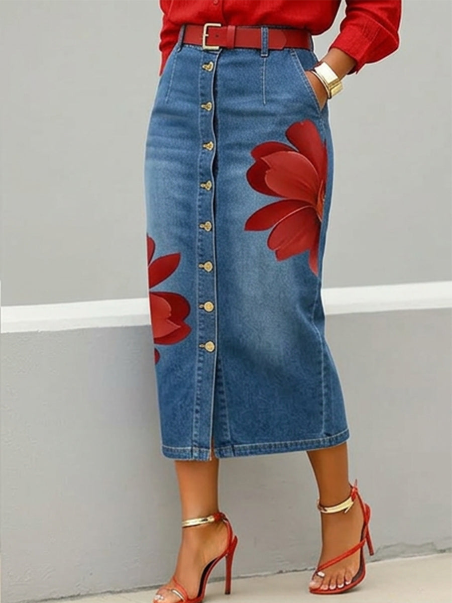 Casual Artistic Floral-print Denim Skirt