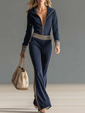 Retro Fashion Sports Dark Blue Corduroy Hooded Zipper V-neck Top And Pants Set