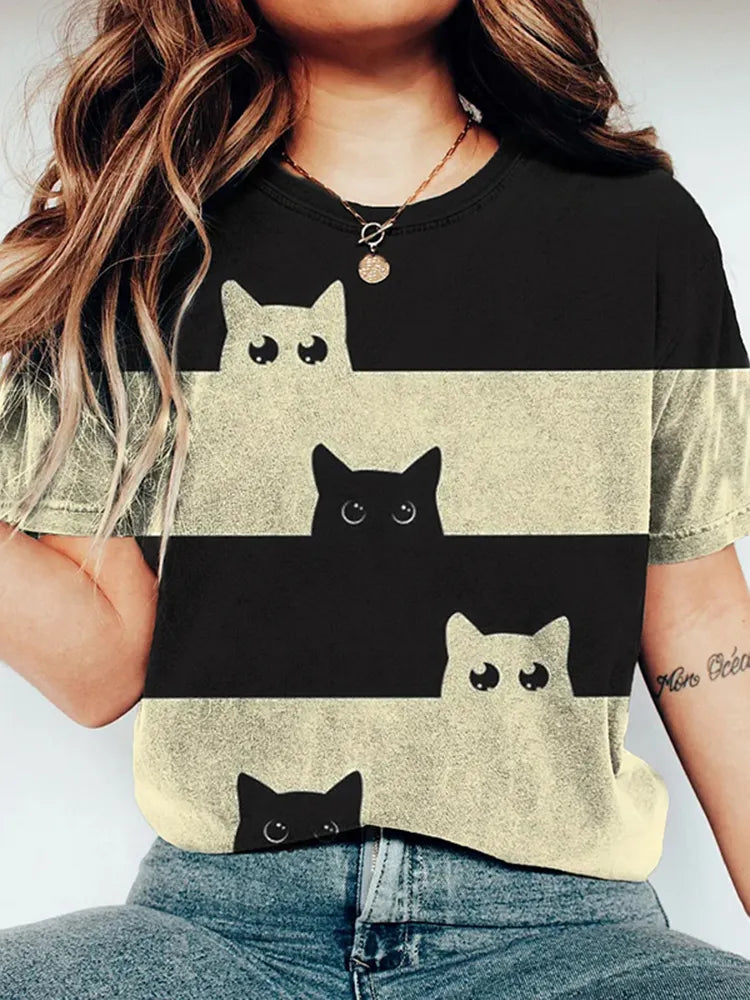 Abstract Creative Big Eyed Cats Contrast Color Art Print Cotton Graphic T-shirt