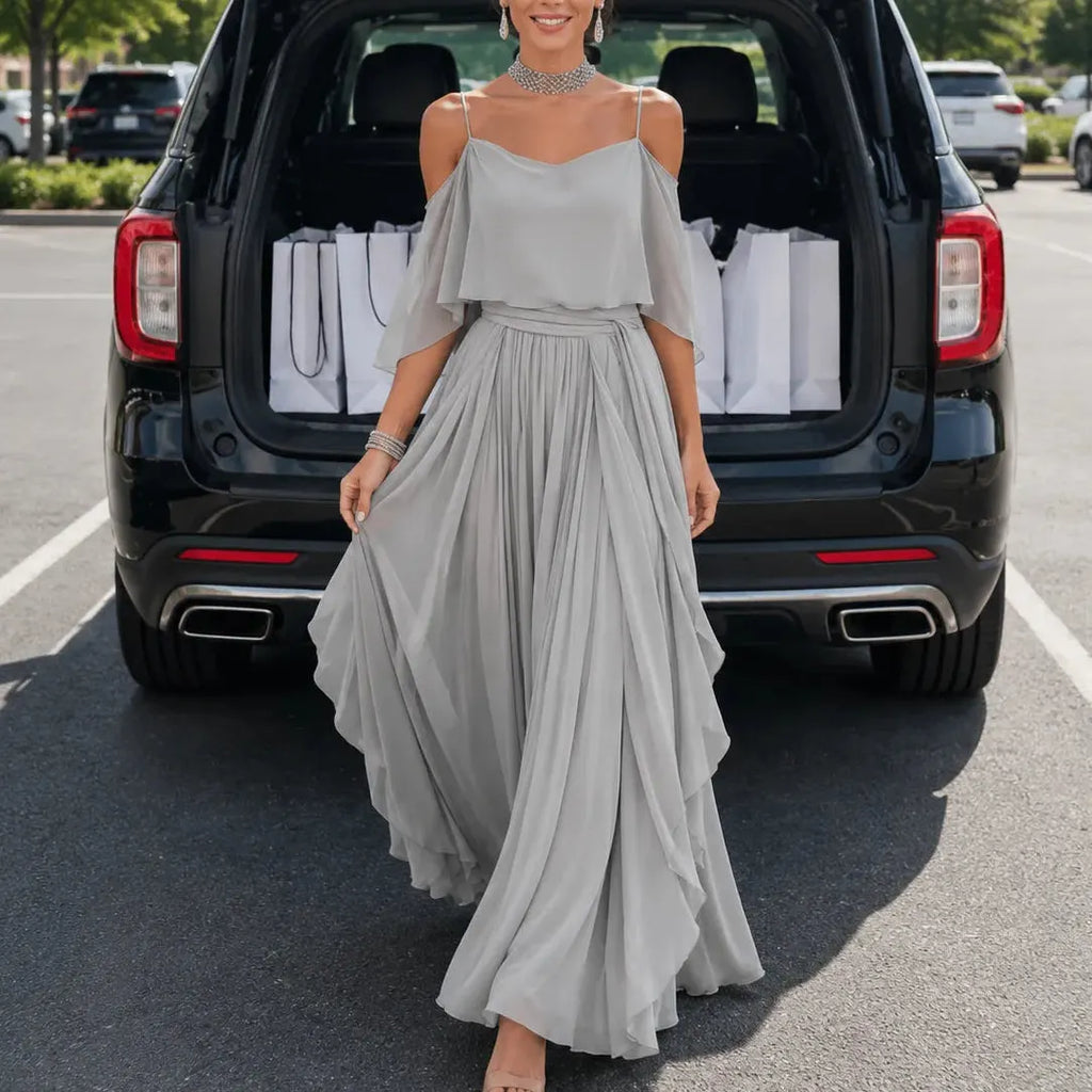 Solavia – Cold Shoulder Chiffon-like Maxi Dress for Weddings & Formal Events