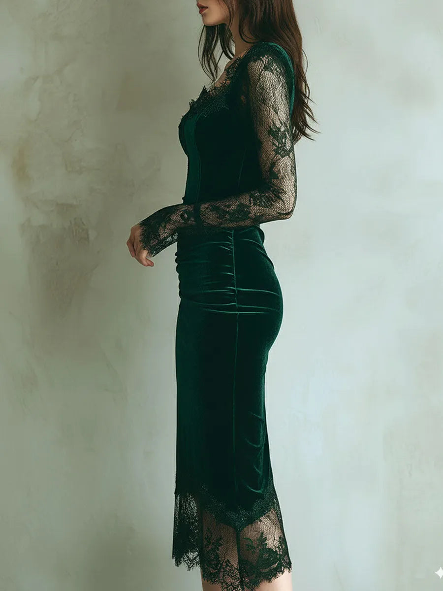 Elegant Green Velvet Long Sleeve Lace Midi Dress