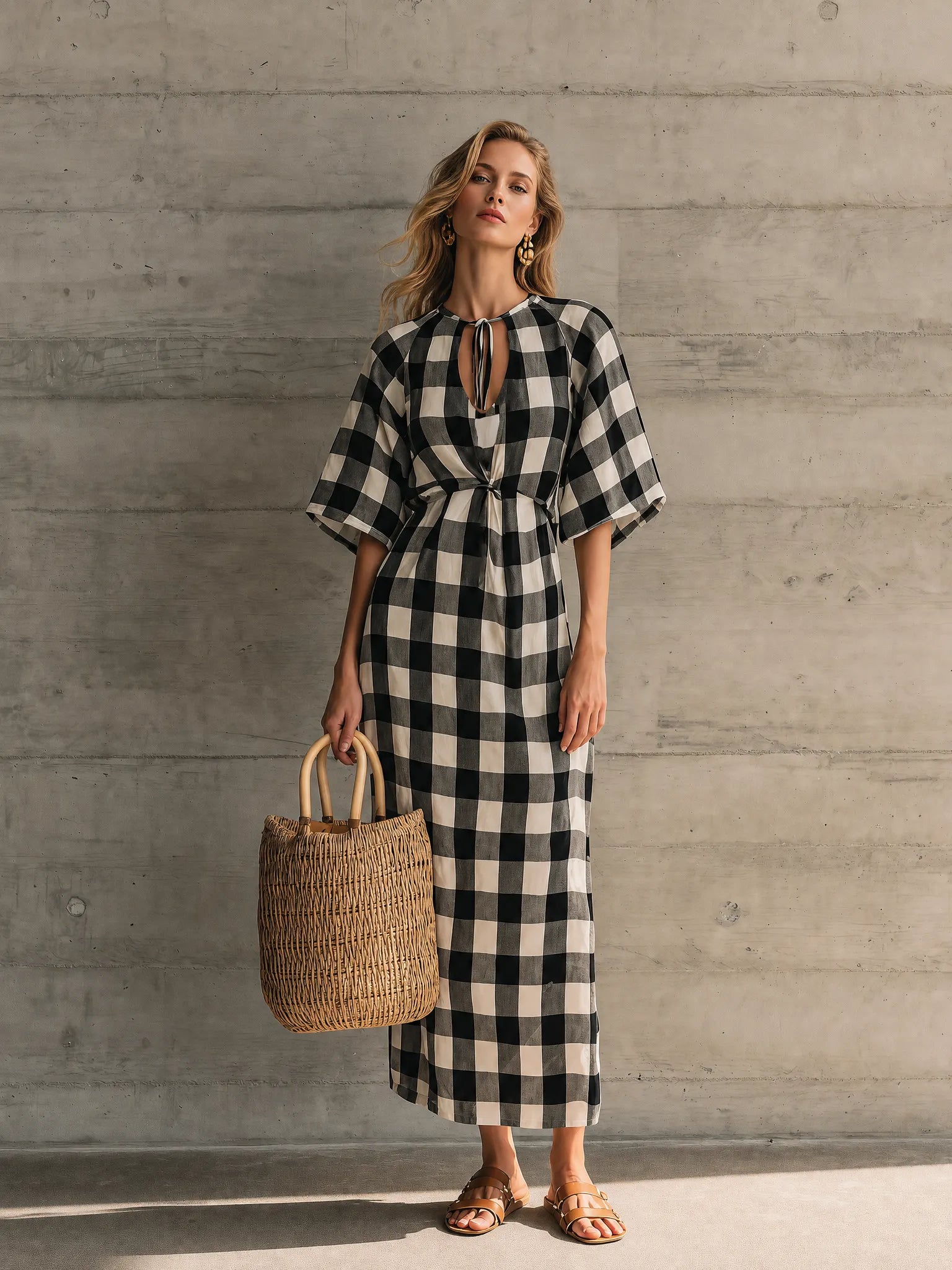 Women’s Black White Gingham Keyhole Tie Neck Raglan Short Sleeve Front Twist Waist Loose Maxi Dress MDZ1311G8YZJ