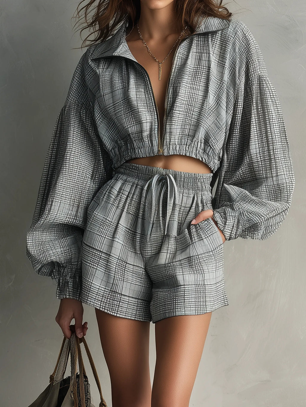 Women's Casual Grey Plaid-print Woven Long-sleeve Jacket Paired With Shorts MDZ0774G3LXY