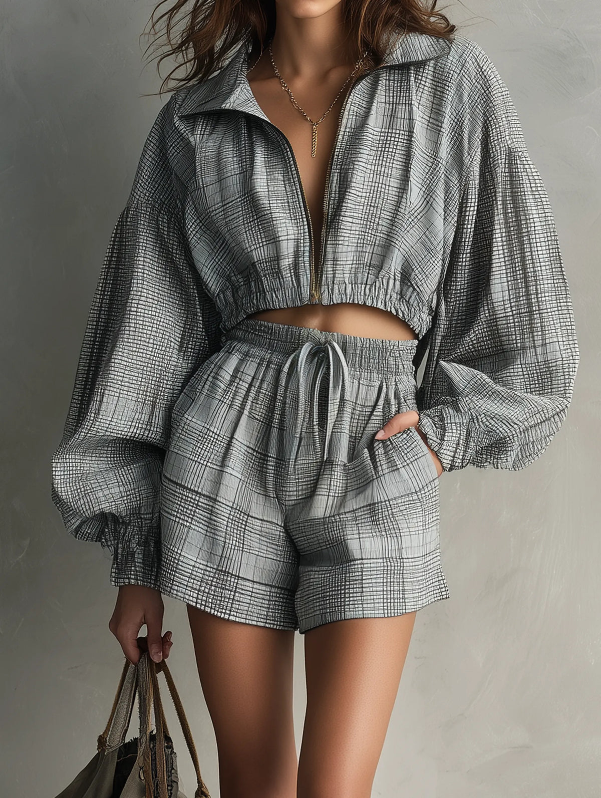 Women's Casual Grey Plaid-print Woven Long-sleeve Jacket Paired With Shorts MDZ0774G3LXY