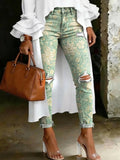 Women's Fashion Fresh Floral High-waisted Skinny Ripped Casual Jeans With Artistic Print