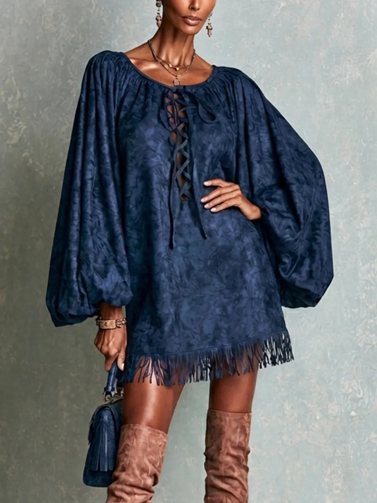 Navy Lace-Up Fringe Hem Oversized Mini Dress