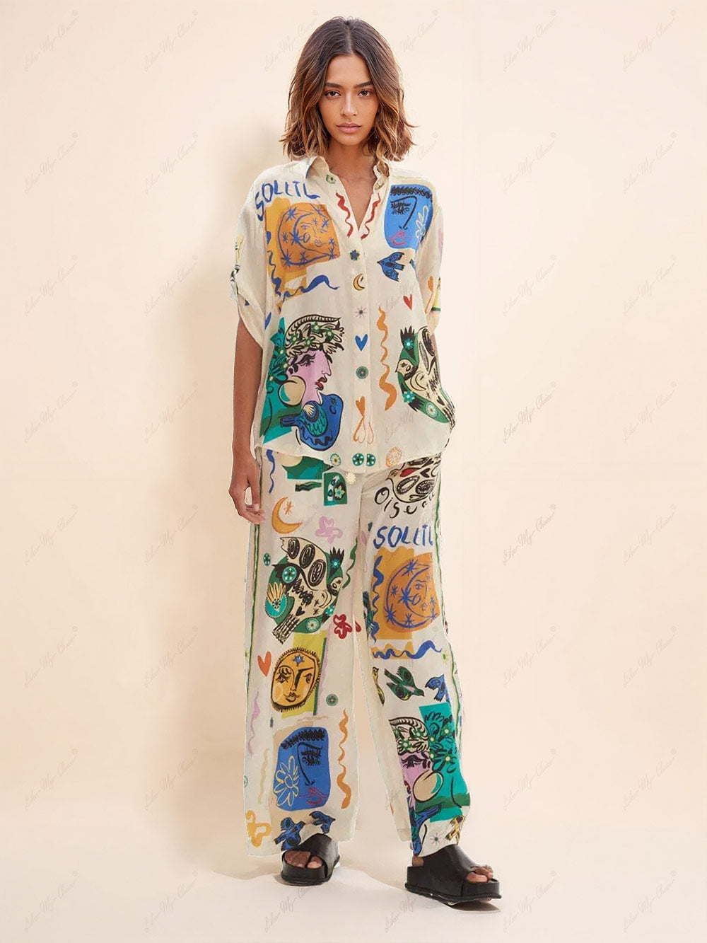 Casual Graffiti Printing Loose Satin Set