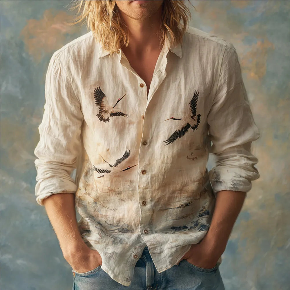 Men's Japanese Crane Retro Printed Linen And Cotton Collar Shirt