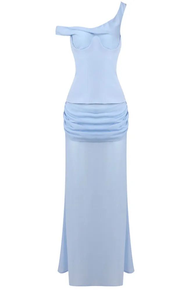 One Shoulder Corset Draped Maxi Dress Blue