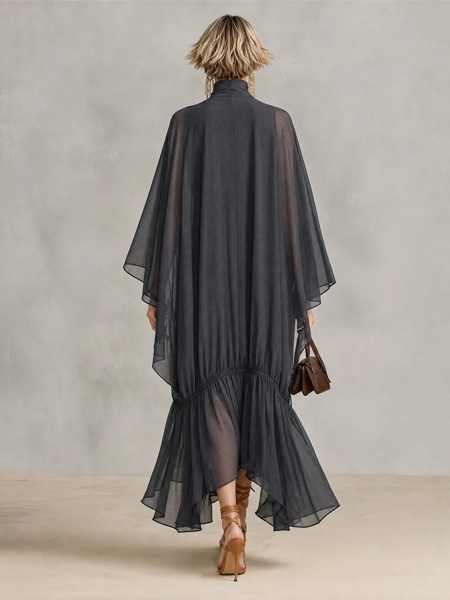Women's Dark Gray Sheer Chiffon Maxi Dress With Turtleneck Cape Batwing Sleeves & Ruched Ruffle Hem, Minimalist Elegant Oversized Flowy Maxi Dress MDZ0665G8LYL