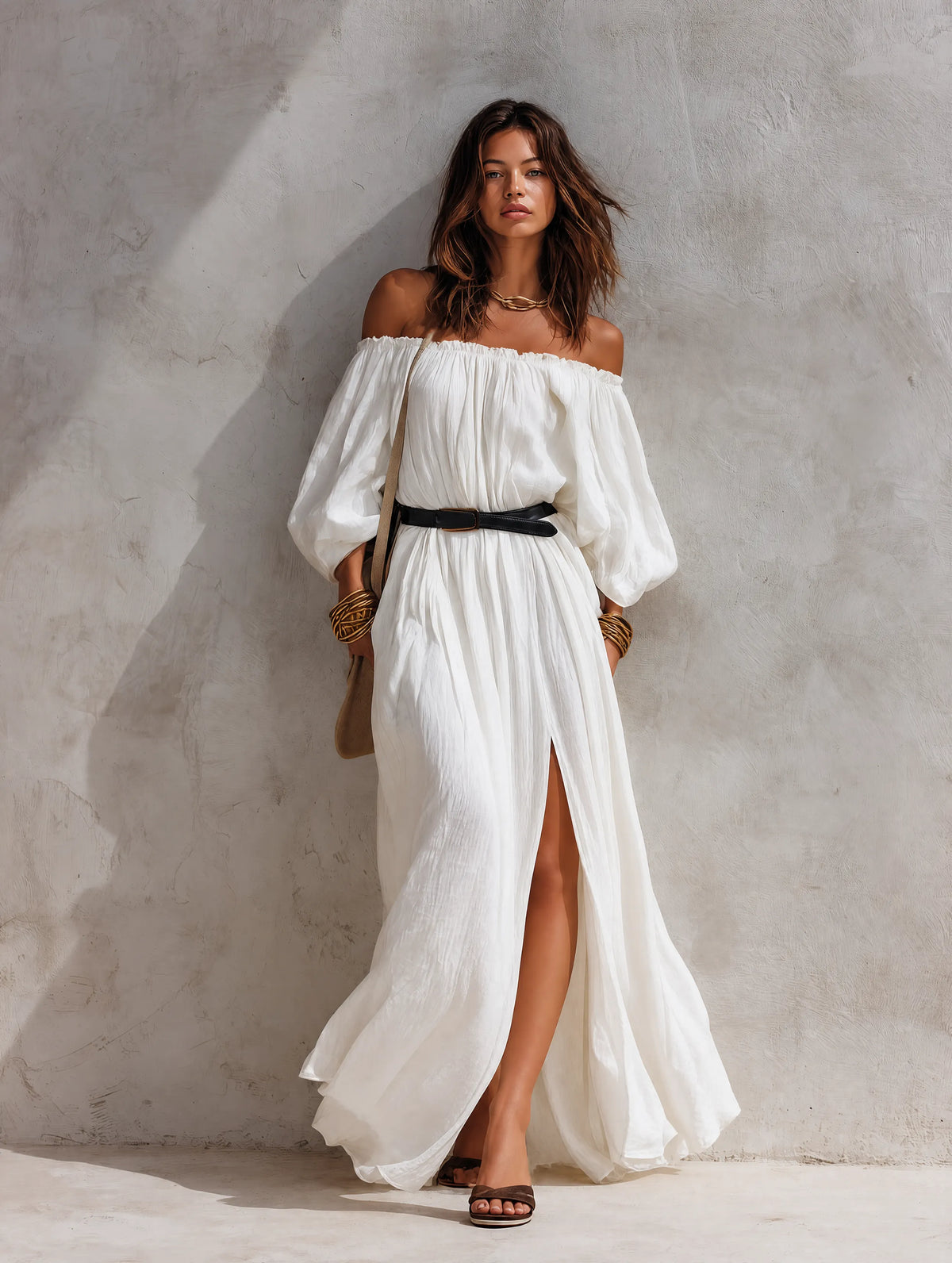 Women's Casual Beige Woven Off-Shoulder Long-Sleeve Maxi Dress (with Belt) MDZ0293G6LXY