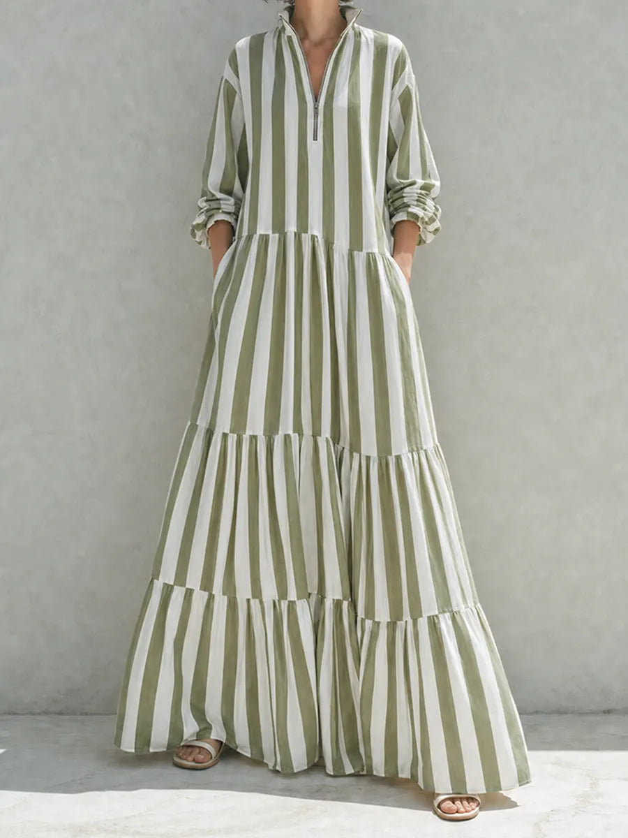 Women's Resort-Style Green And White Striped Stand-Collar Zip Long-Sleeve Tiered Full-Flare Cotton Maxi Dress MDZ1532G2CMX
