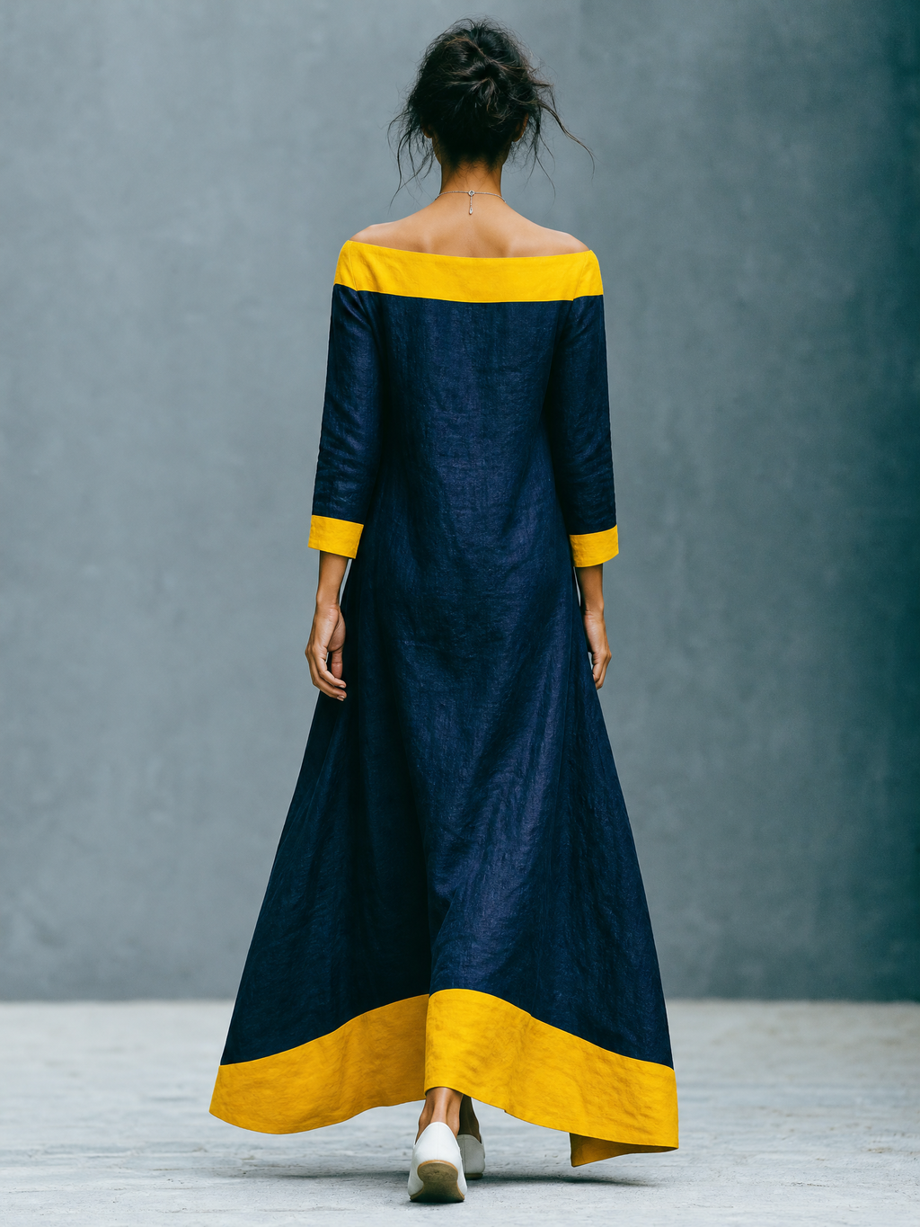Women's Minimalist Color-Block Linen-Blend Maxi Dress With Crew Neck And Three-Quarter Sleeves MDZ0992G2WY
